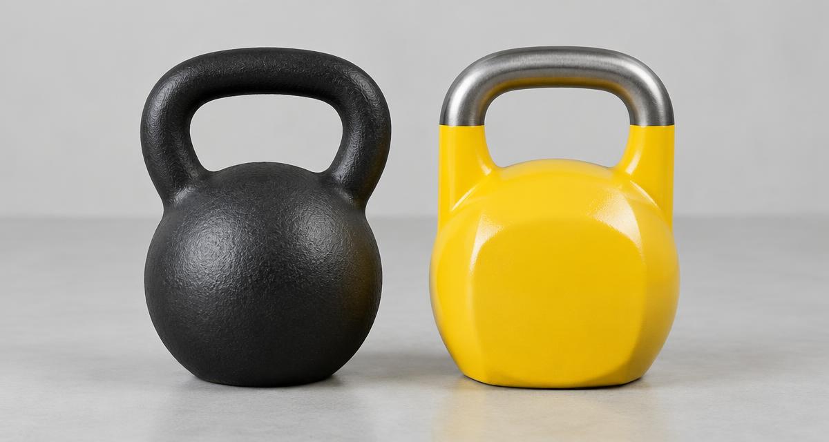 Kettlebell negra de hierro fundido junto a una kettlebell amarilla de competición